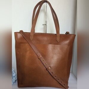 Madewell The Zip-Top Medium Transport Leather Tote in English Saddle brown. 